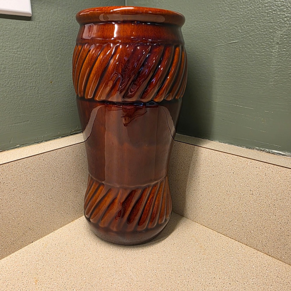 FTD Ceramic Flower Vase 9" Amber Brown Vintage Ribbed USA